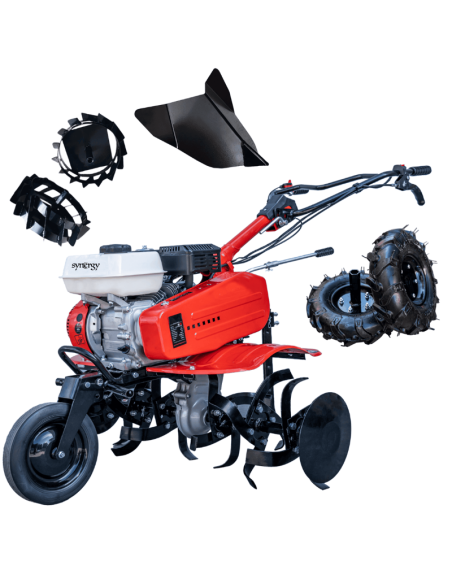 Motoazada de Gasolina Synergy 700 208cc 7,5cv Ancho 90cm con Kit Agrícola y Ruedas Metálicas de Tracción para Terrenos Duros